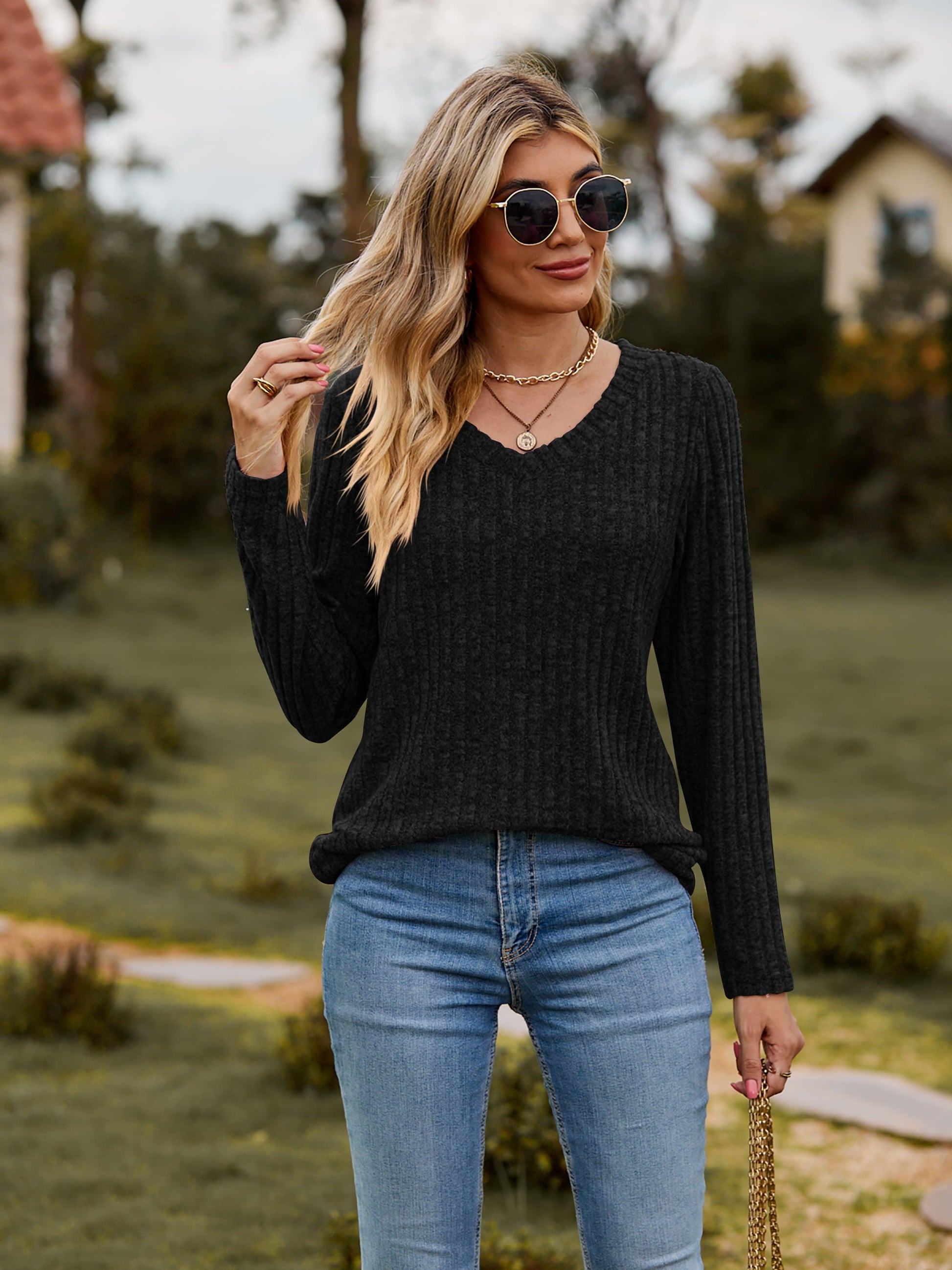 Elegant Ribbed V - Neck Long Sleeve Tee - adritiX