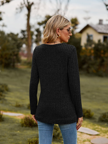Elegant Ribbed V - Neck Long Sleeve Tee - adritiX