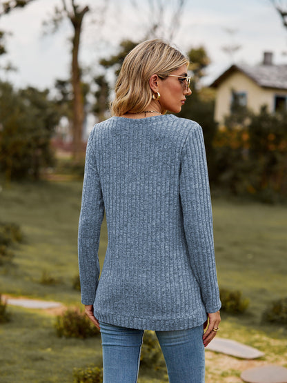Elegant Ribbed V - Neck Long Sleeve Tee - adritiX