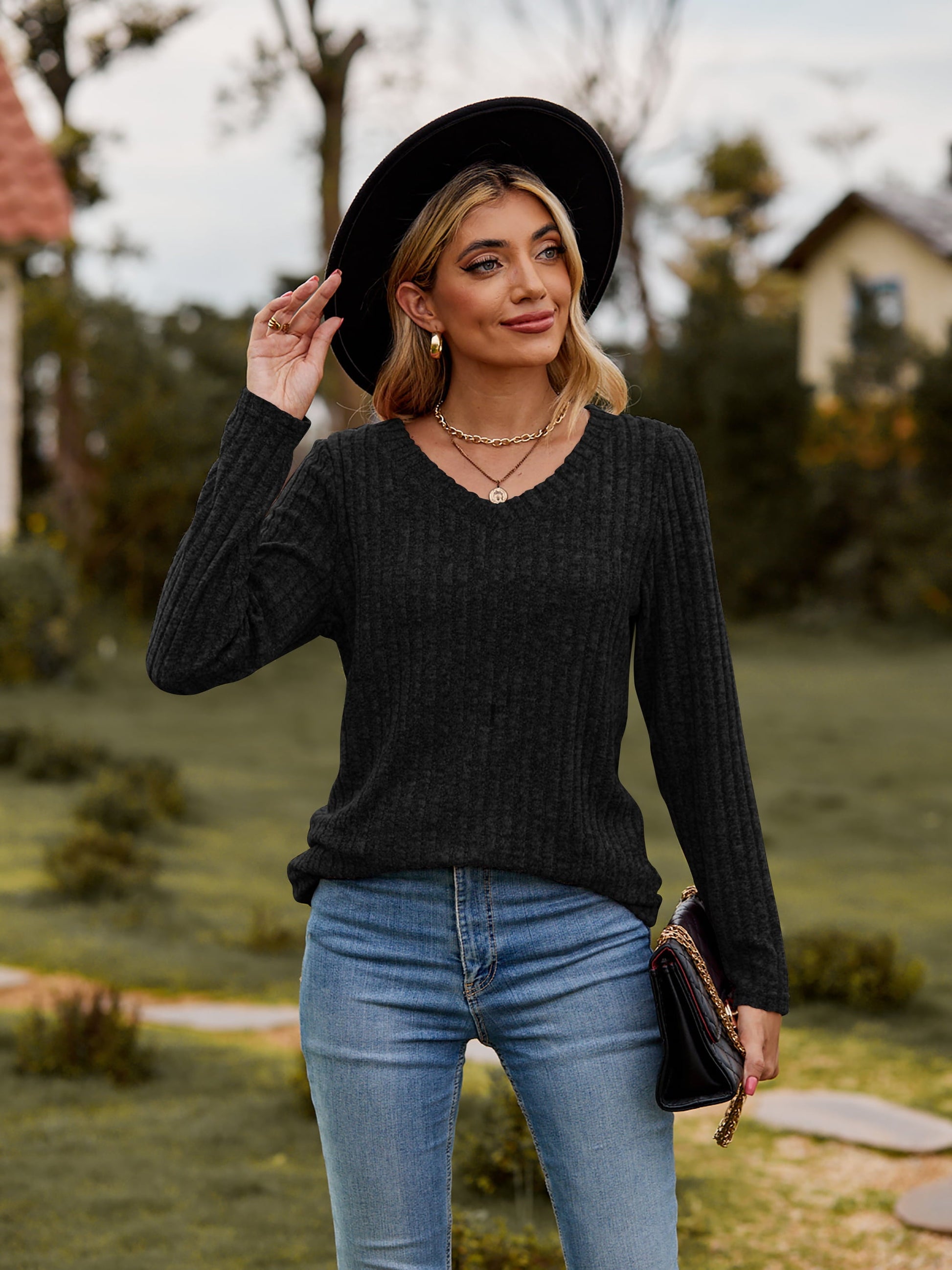 Elegant Ribbed V - Neck Long Sleeve Tee - adritiX
