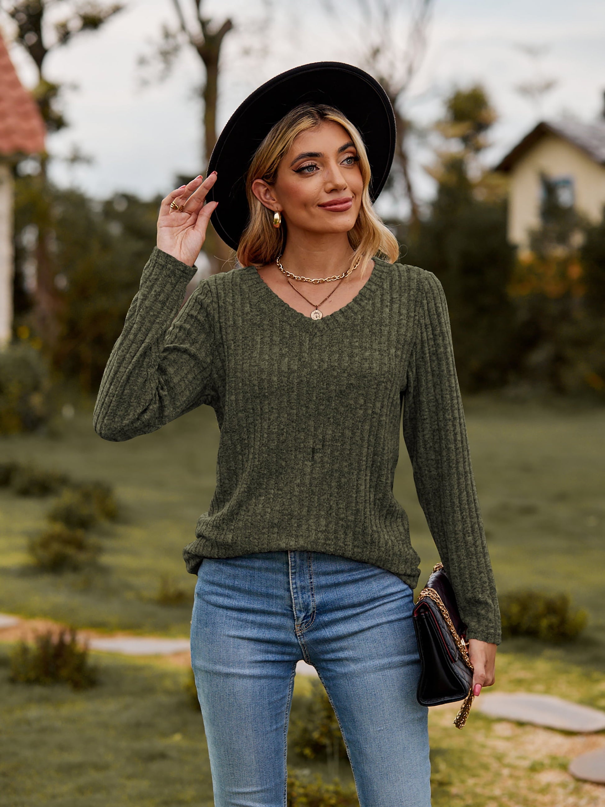 Elegant Ribbed V - Neck Long Sleeve Tee - adritiX