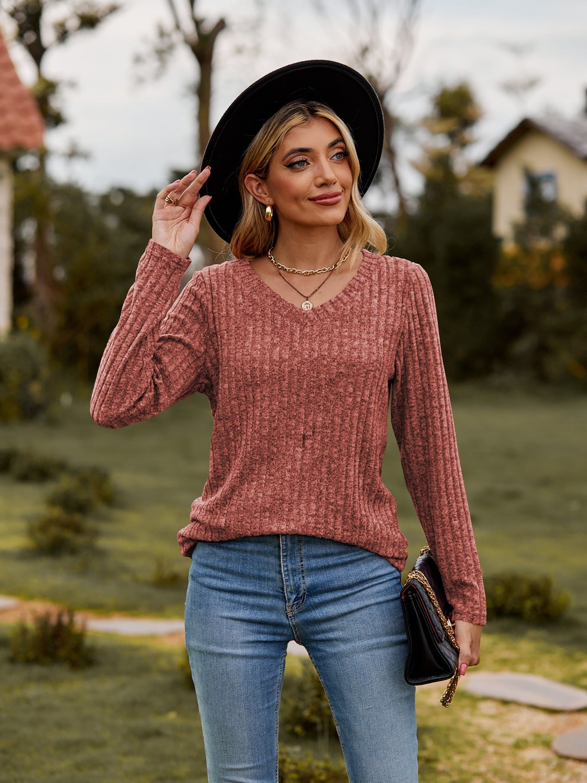 Elegant Ribbed V - Neck Long Sleeve Tee - adritiX