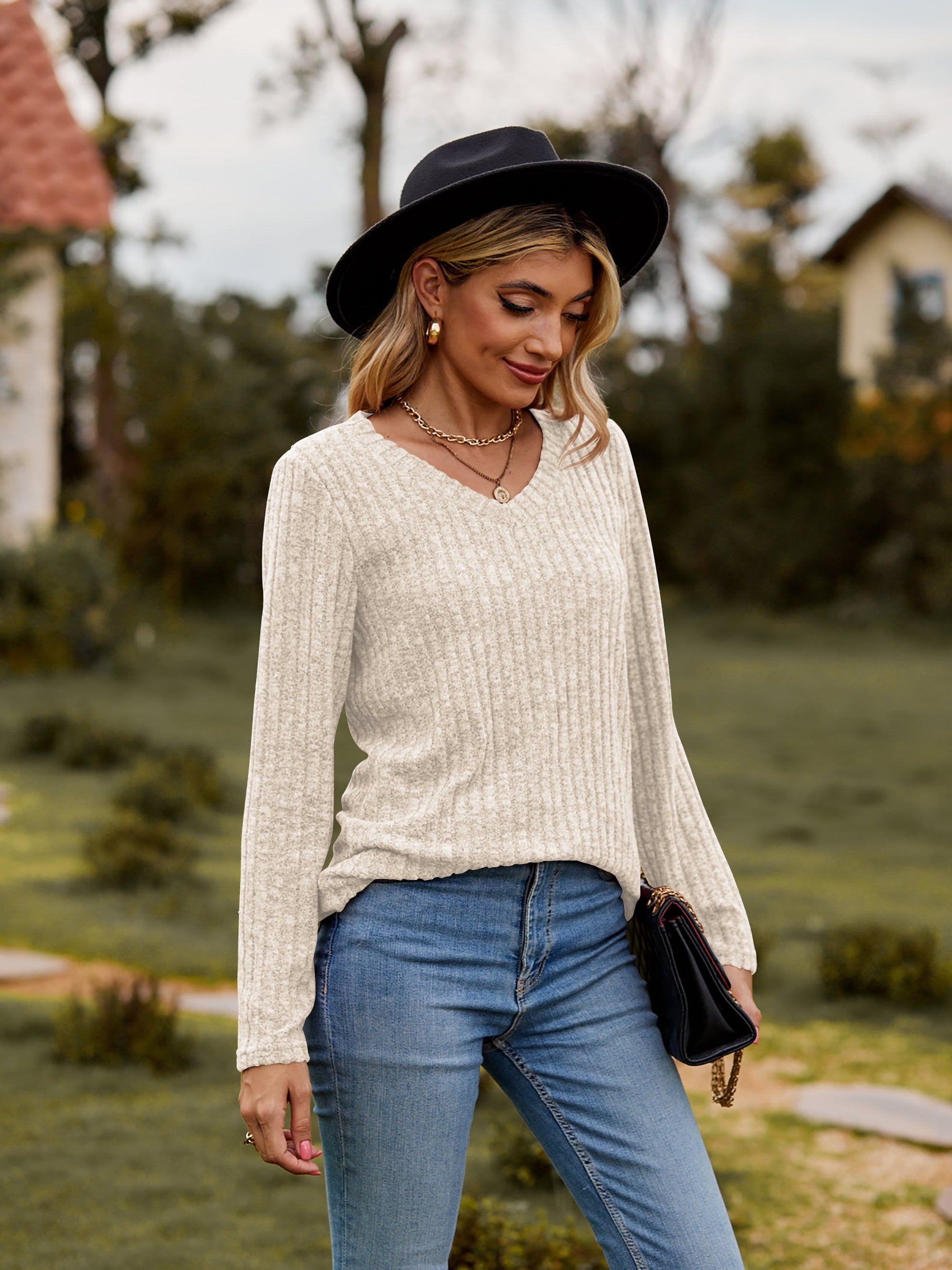 Elegant Ribbed V - Neck Long Sleeve Tee - adritiX