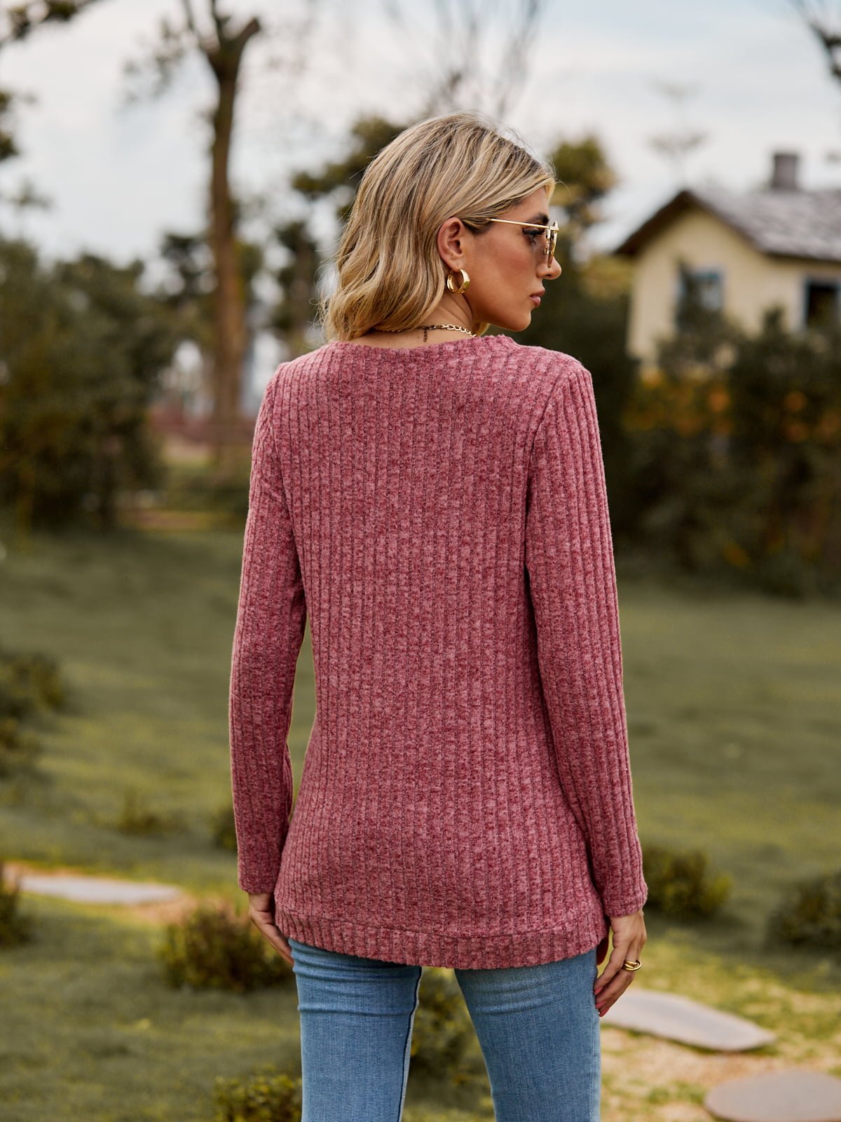 Elegant Ribbed V - Neck Long Sleeve Tee - adritiX