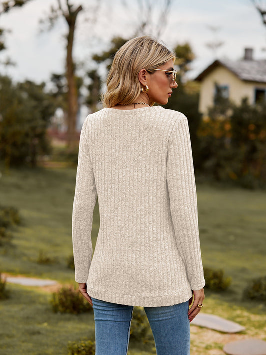 Elegant Ribbed V - Neck Long Sleeve Tee - adritiX