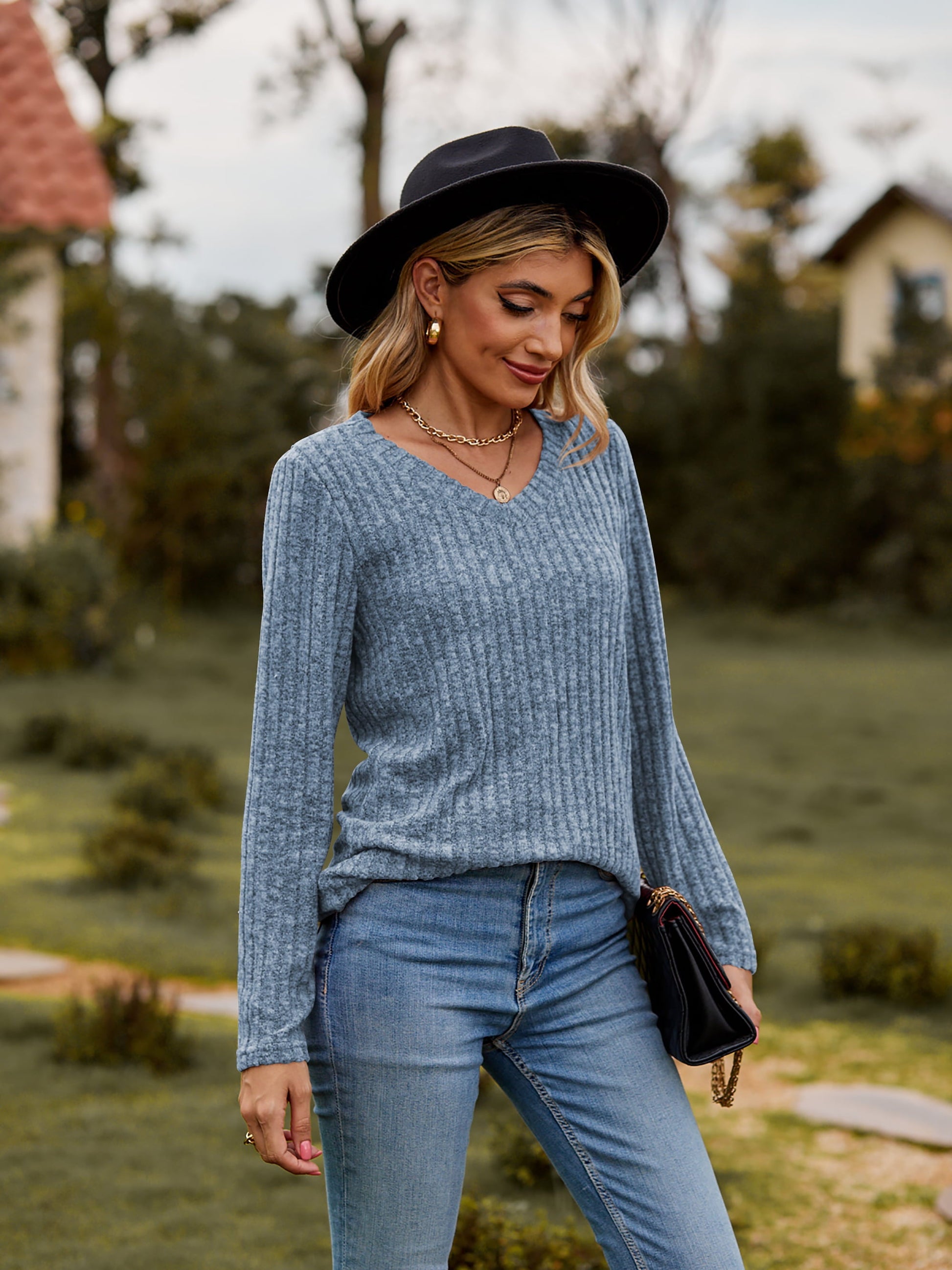 Elegant Ribbed V - Neck Long Sleeve Tee - adritiX