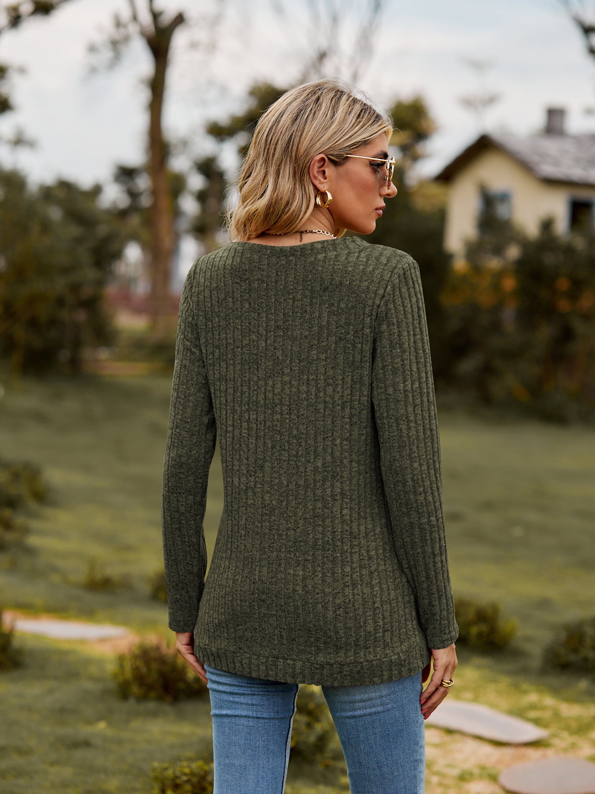 Elegant Ribbed V - Neck Long Sleeve Tee - adritiX