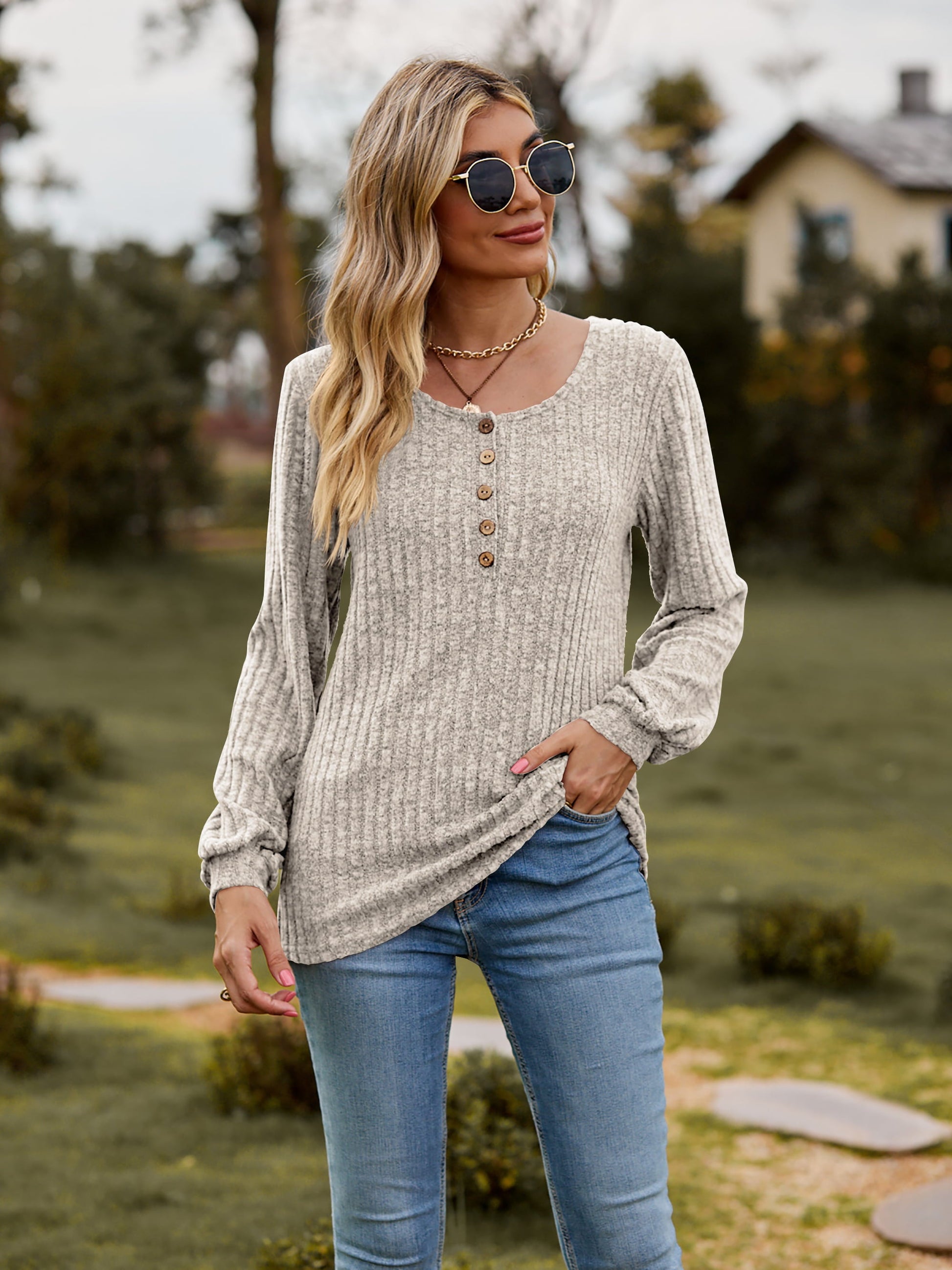 Elegant Round Neck Button - Down Long Sleeve Tee - adritiX