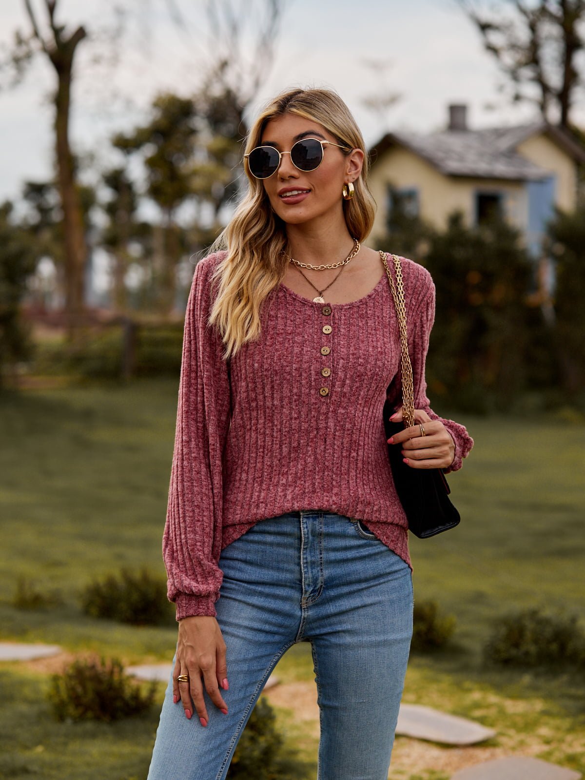 Elegant Round Neck Button - Down Long Sleeve Tee - adritiX