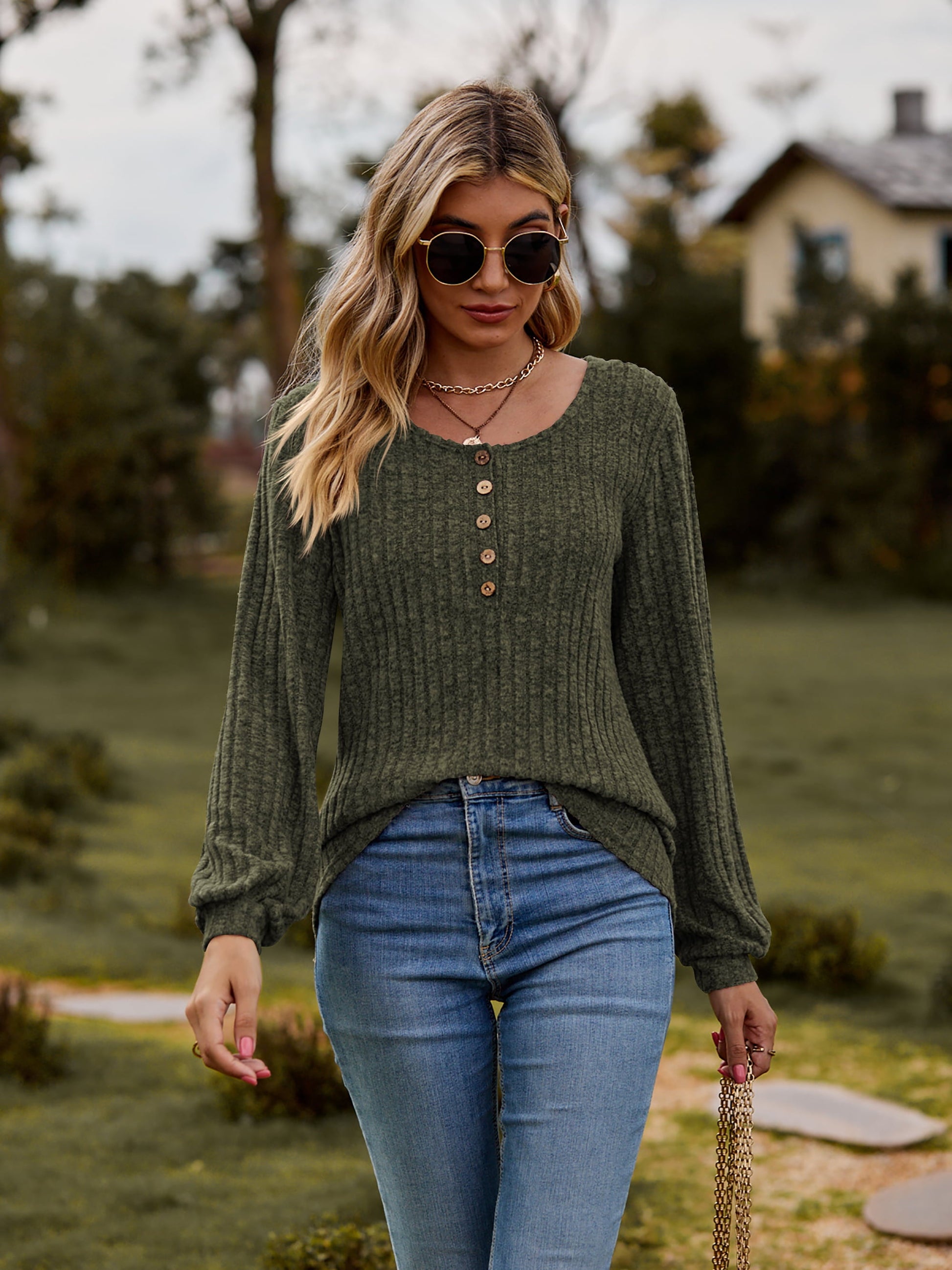 Elegant Round Neck Button - Down Long Sleeve Tee - adritiX