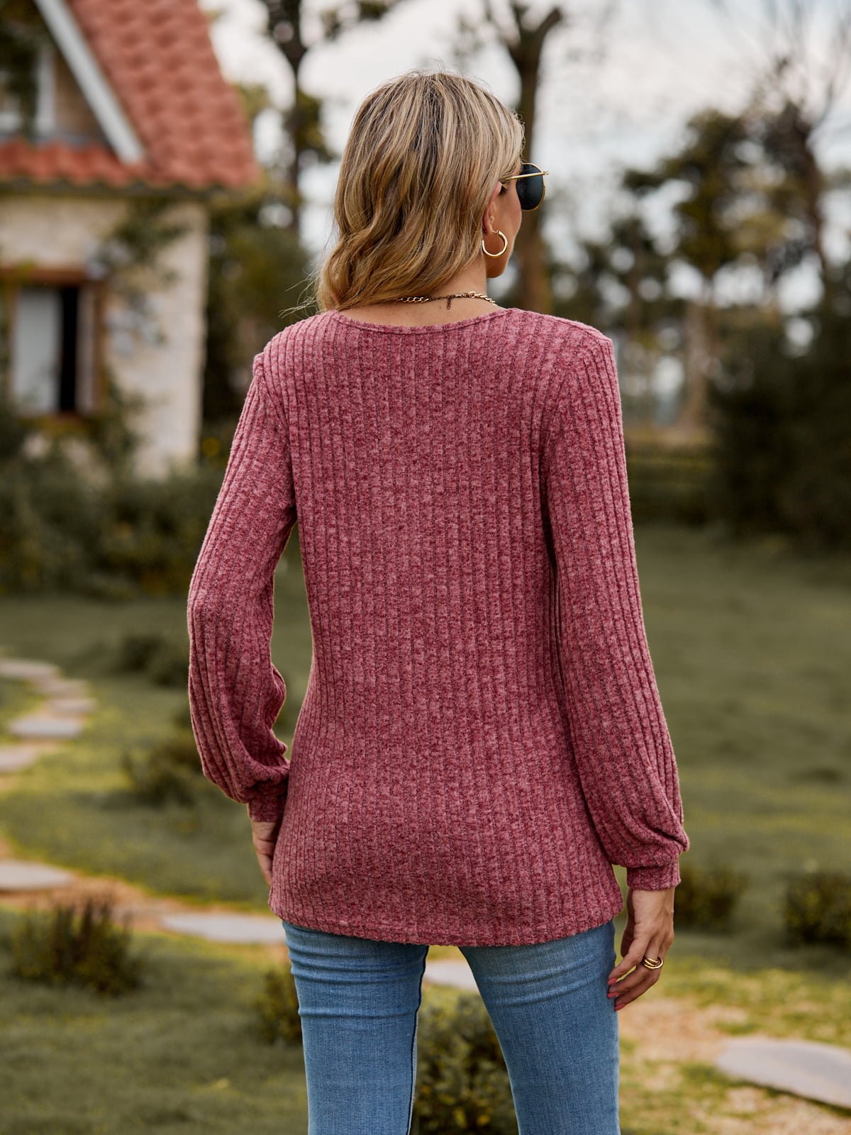 Elegant Round Neck Button - Down Long Sleeve Tee - adritiX