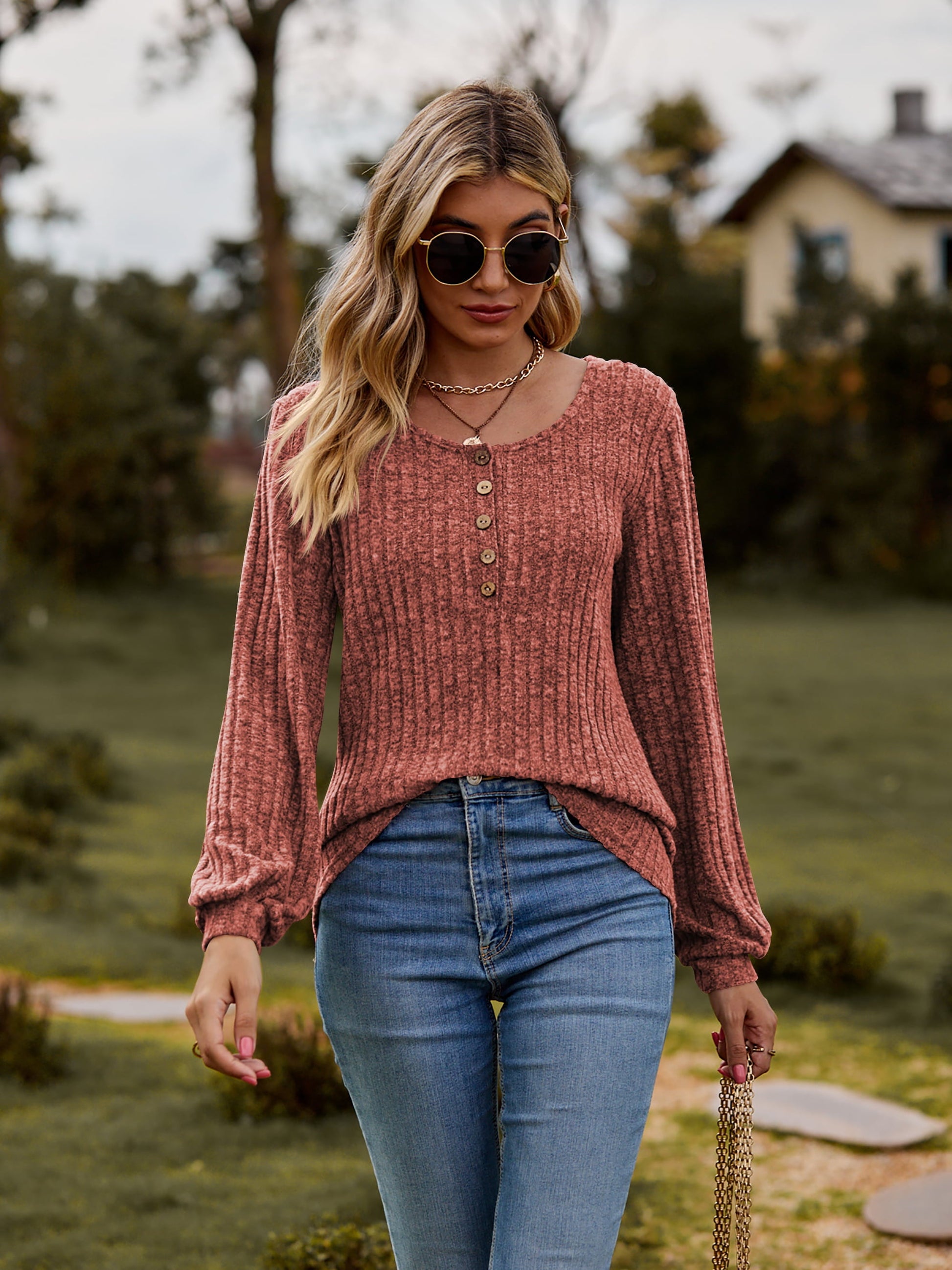 Elegant Round Neck Button - Down Long Sleeve Tee - adritiX