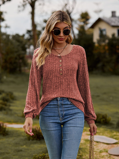 Elegant Round Neck Button - Down Long Sleeve Tee - adritiX