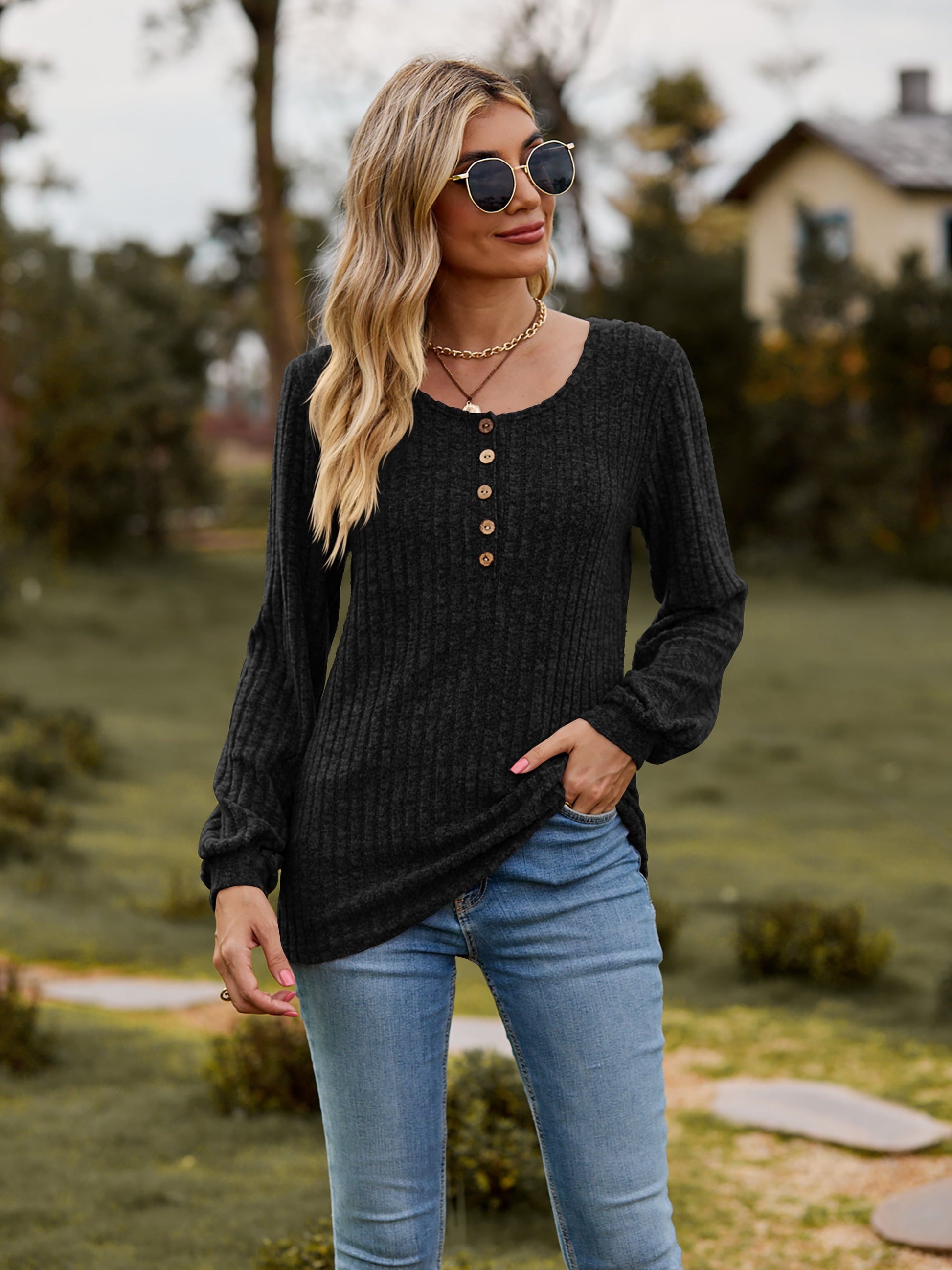 Elegant Round Neck Button - Down Long Sleeve Tee - adritiX