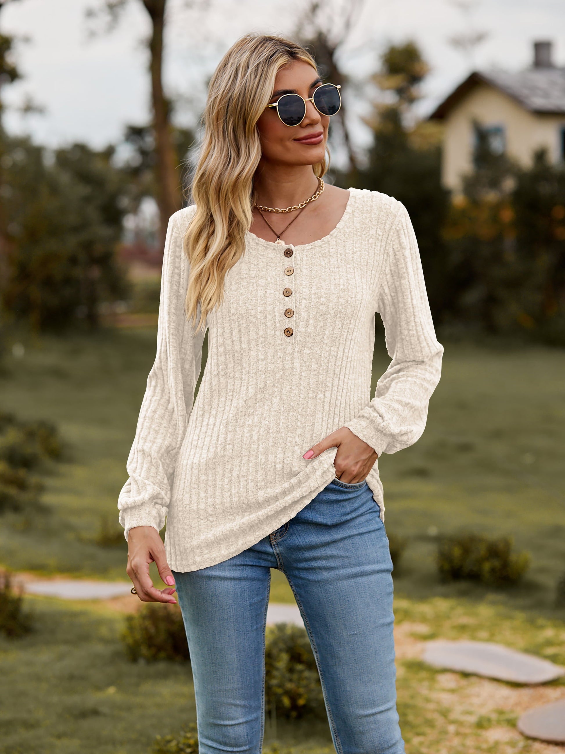 Elegant Round Neck Button - Down Long Sleeve Tee - adritiX