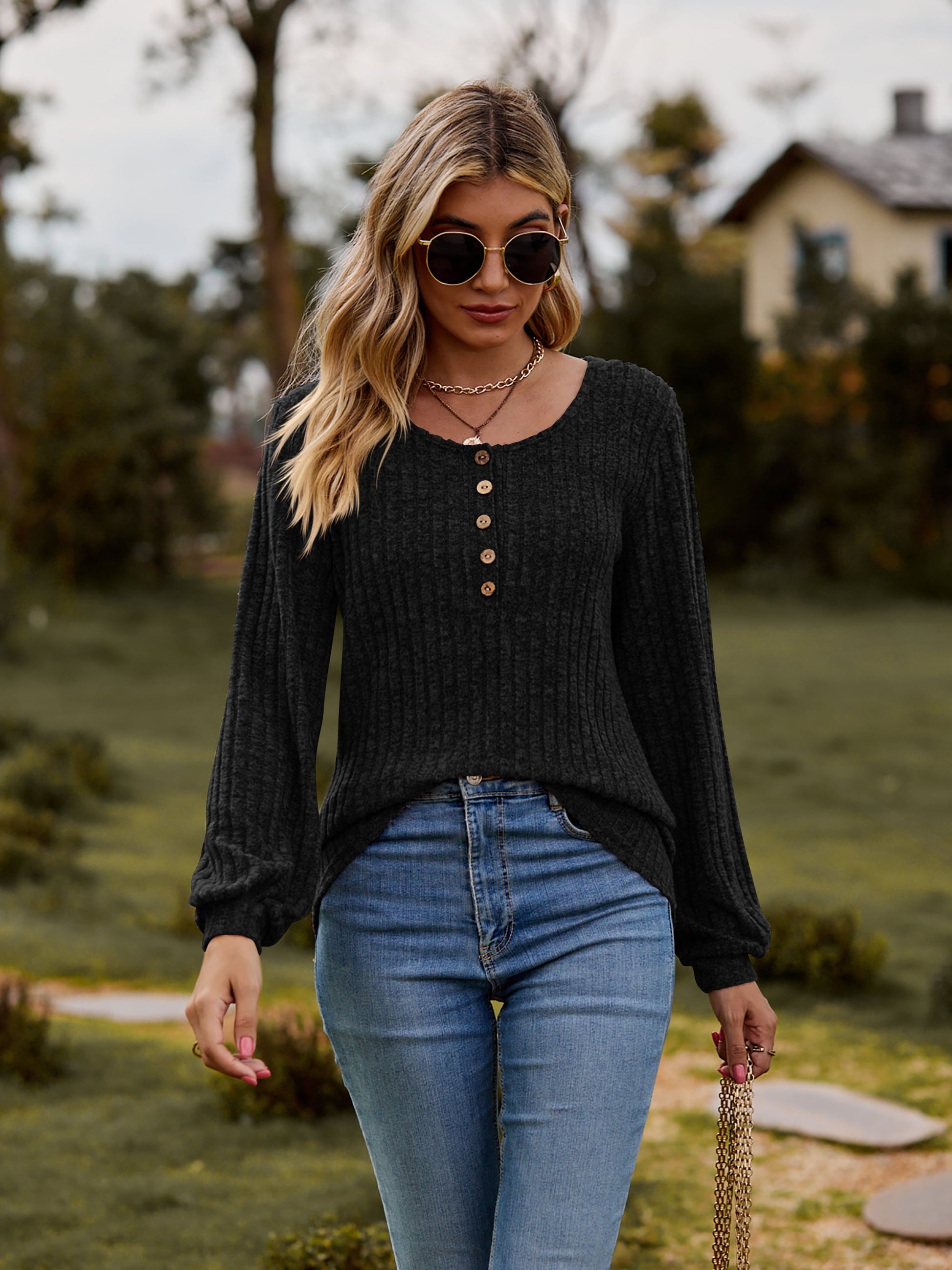 Elegant Round Neck Button - Down Long Sleeve Tee - adritiX