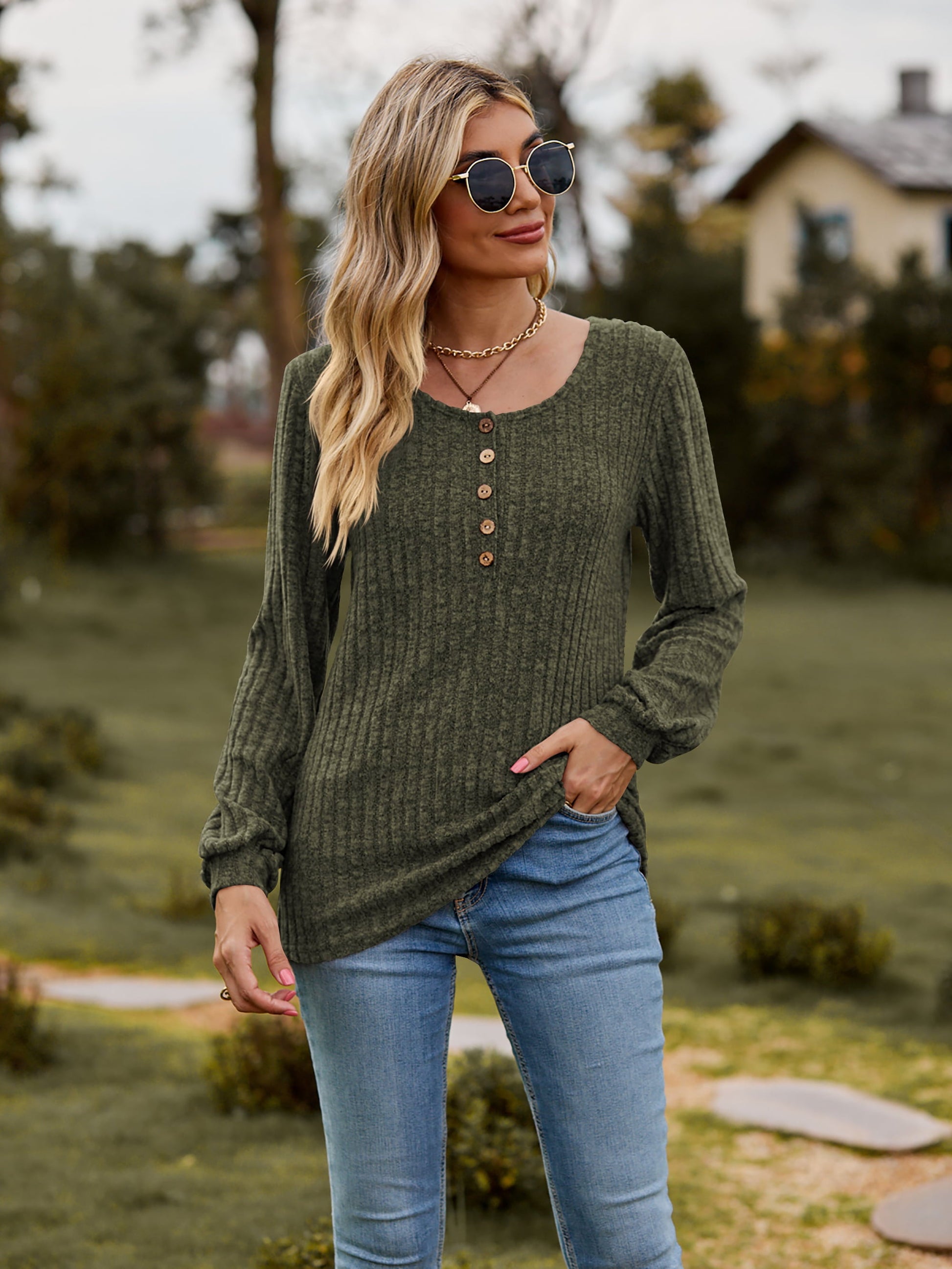 Elegant Round Neck Button - Down Long Sleeve Tee - adritiX