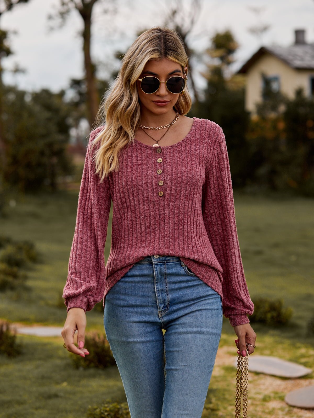 Elegant Round Neck Button - Down Long Sleeve Tee - adritiX
