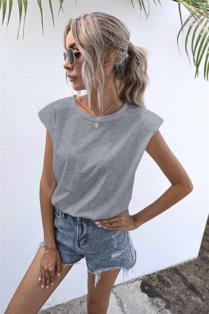 Elegant Round Neck Cap Sleeve Tee - adritiX