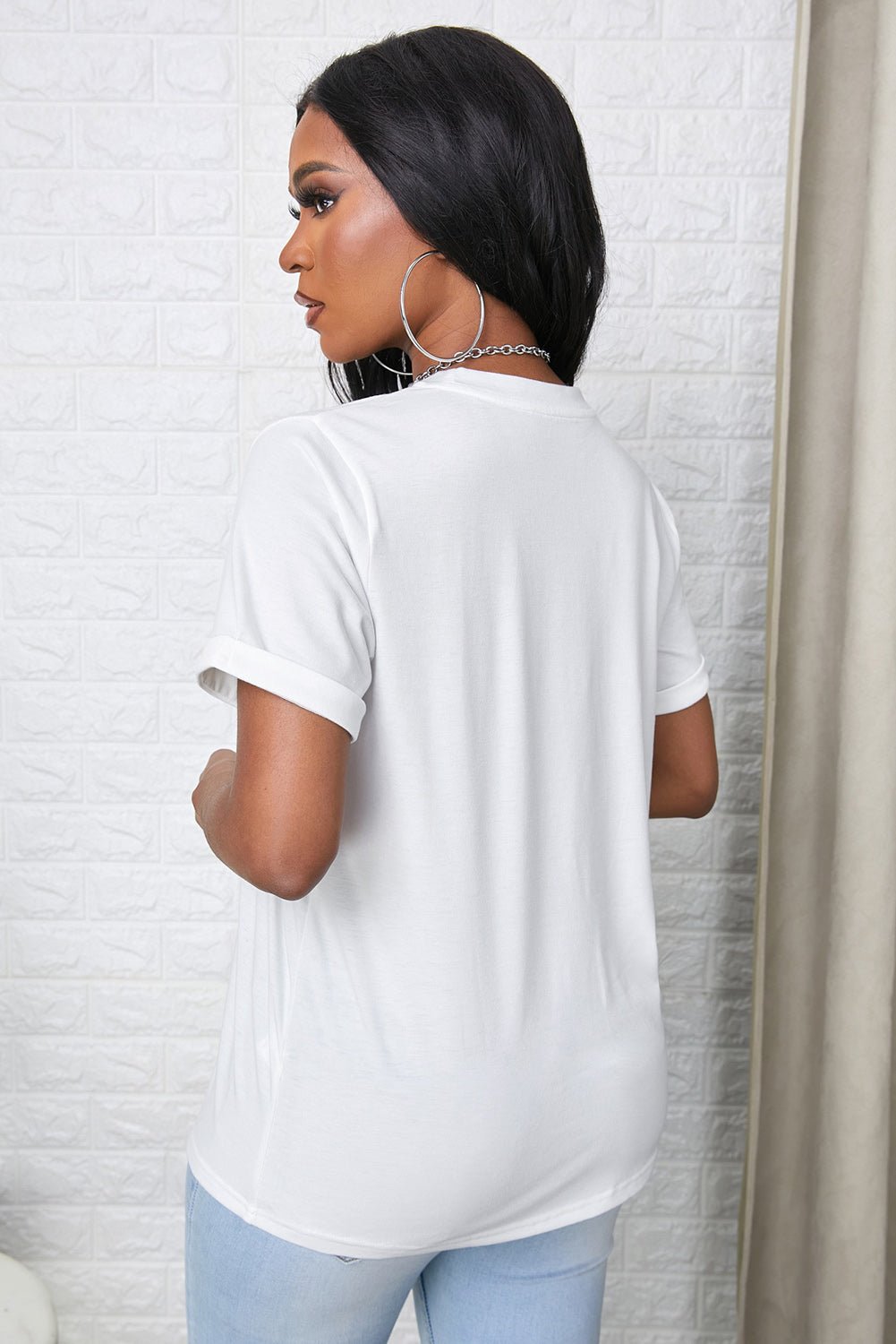 Elegant Round Neck Cuffed Short Sleeve Tee - adritiX