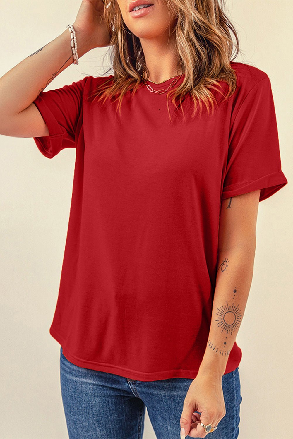 Elegant Round Neck Cuffed Short Sleeve Tee - adritiX