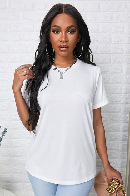 Elegant Round Neck Cuffed Short Sleeve Tee - adritiX