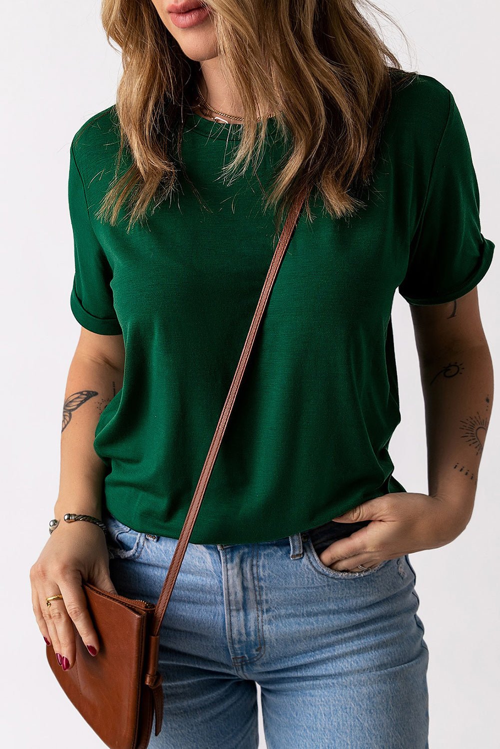 Elegant Round Neck Cuffed Short Sleeve Tee - adritiX
