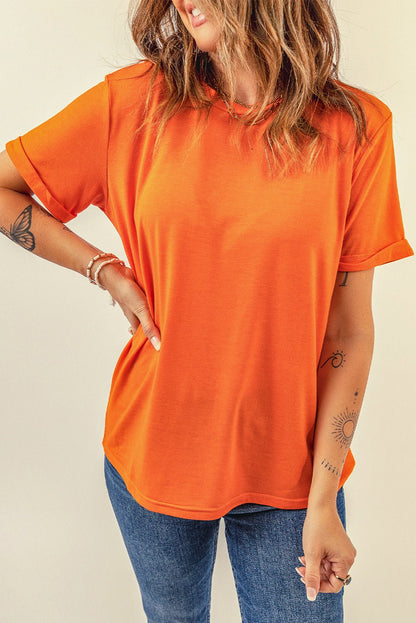 Elegant Round Neck Cuffed Short Sleeve Tee - adritiX