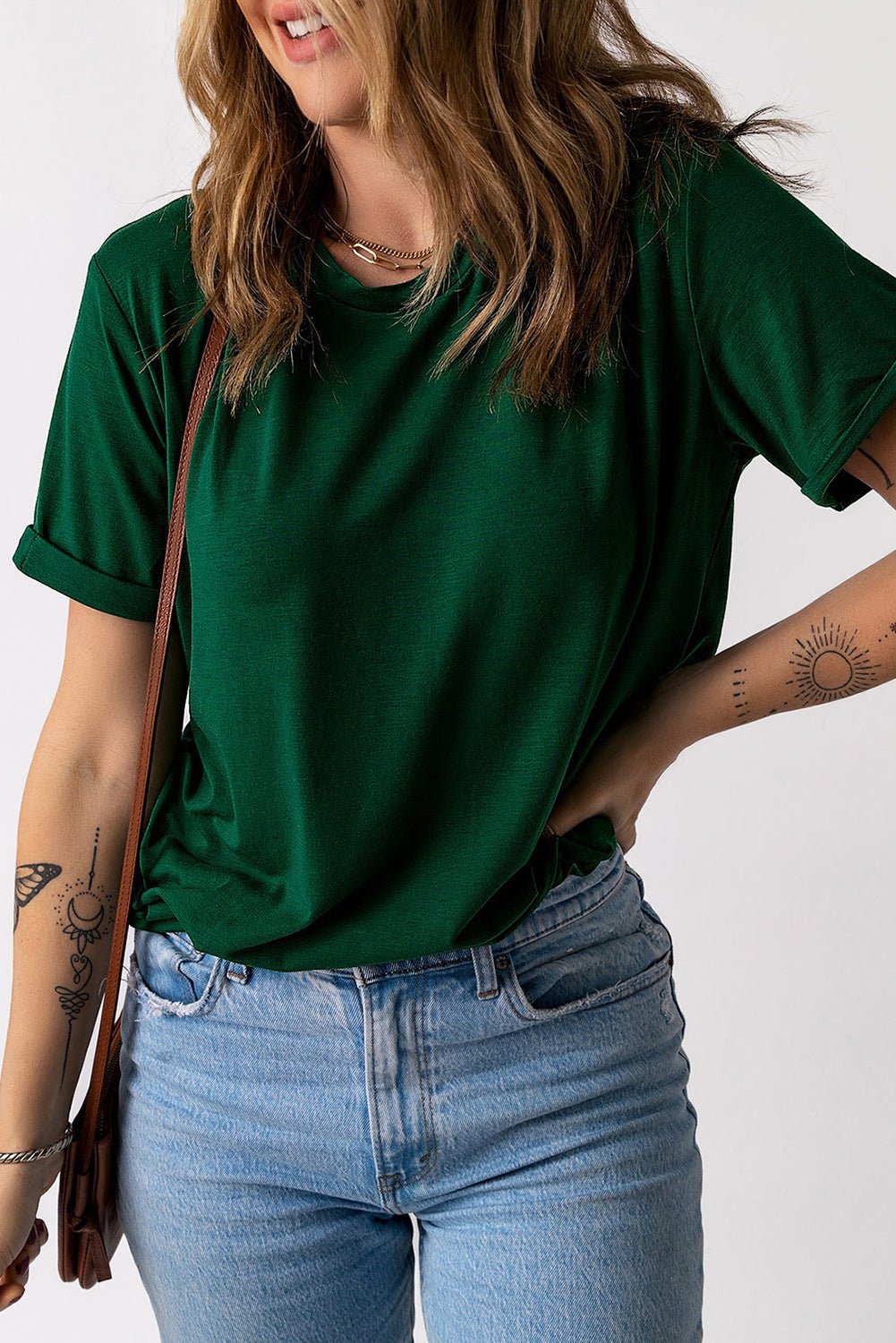 Elegant Round Neck Cuffed Short Sleeve Tee - adritiX