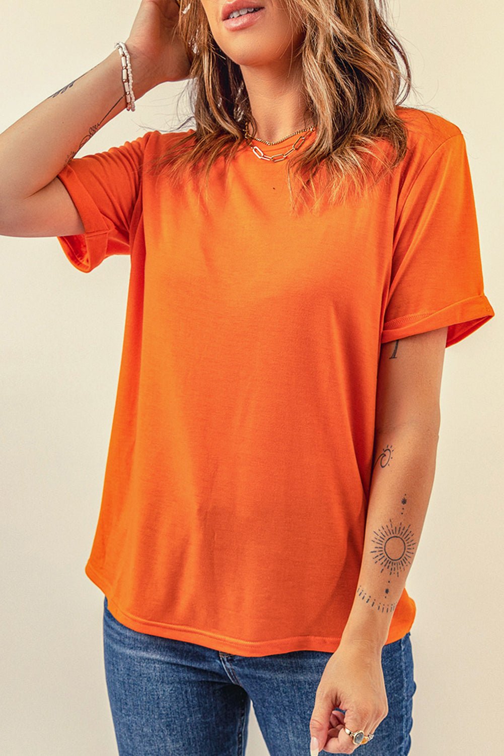 Elegant Round Neck Cuffed Short Sleeve Tee - adritiX