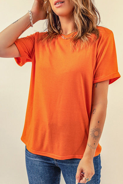 Elegant Round Neck Cuffed Short Sleeve Tee - adritiX