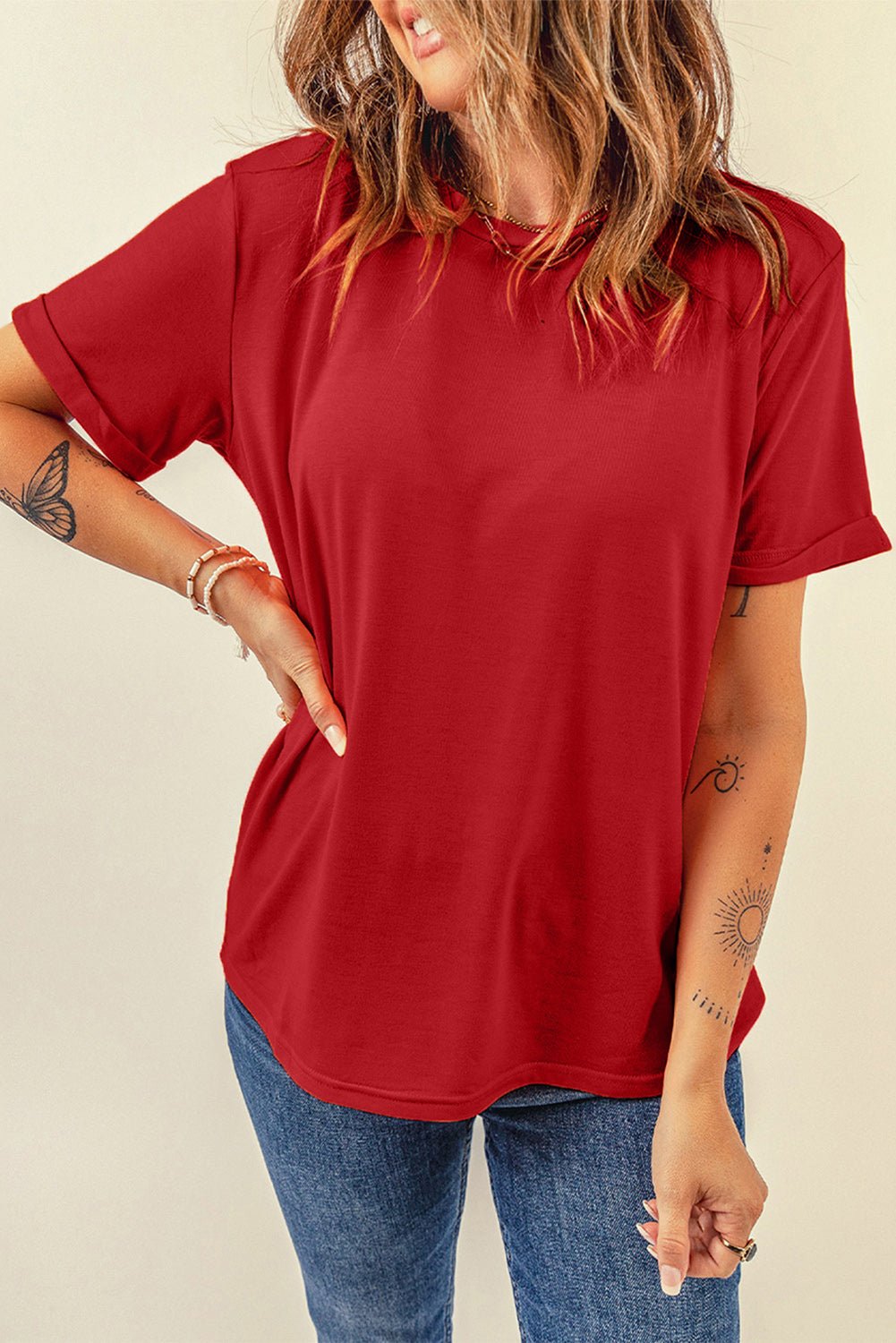Elegant Round Neck Cuffed Short Sleeve Tee - adritiX