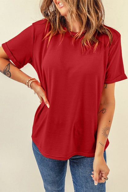 Elegant Round Neck Cuffed Short Sleeve Tee - adritiX