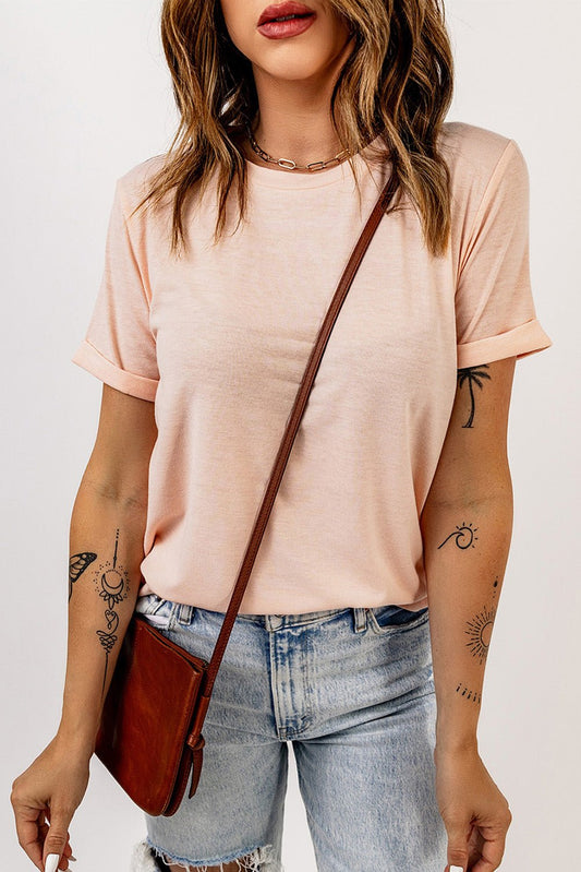 Elegant Round Neck Cuffed Short Sleeve Tee - adritiX