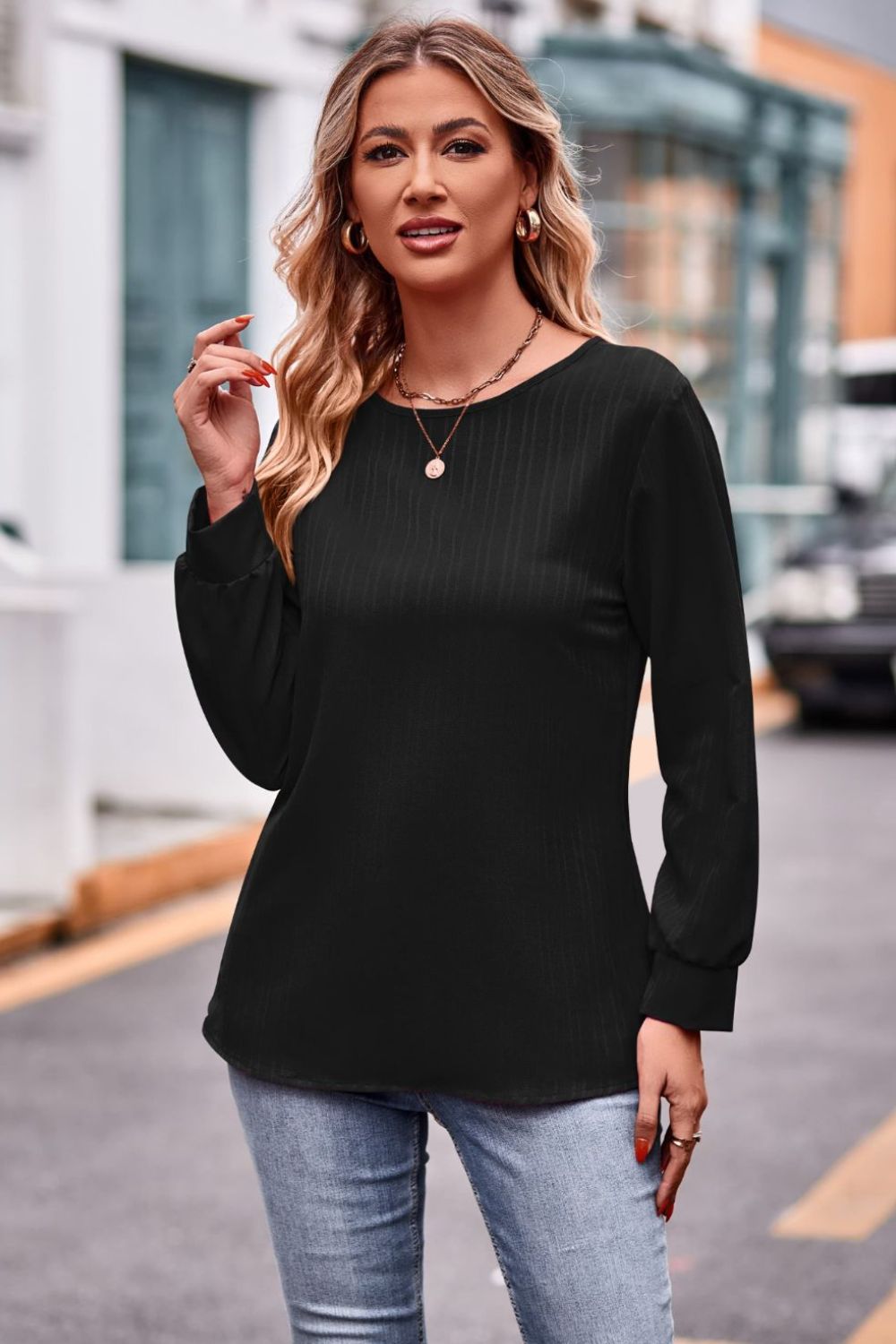 Elegant Round Neck Long Sleeve Tee - adritiX