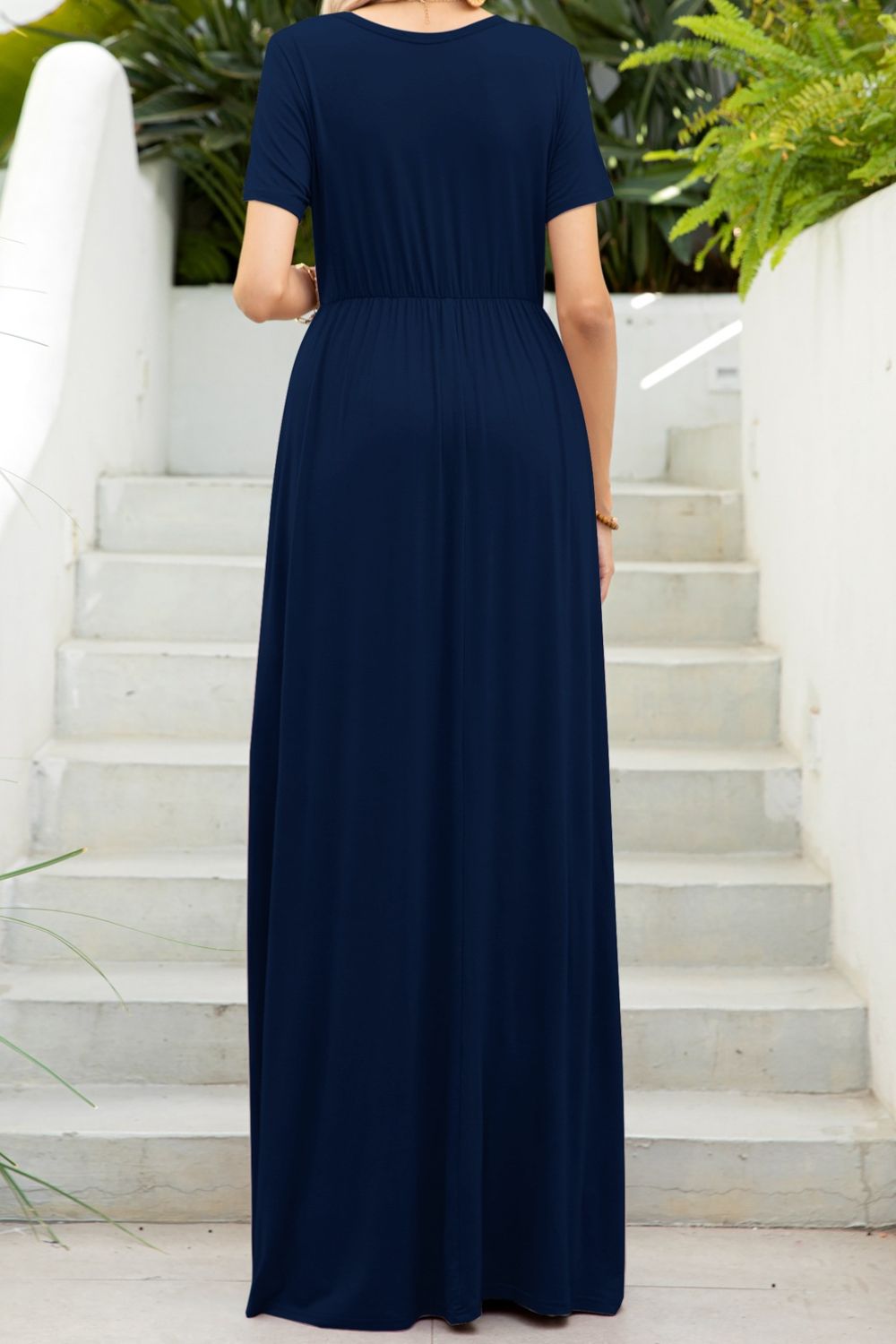 Elegant Round Neck Maxi Tee Dress with Pockets - adritiX