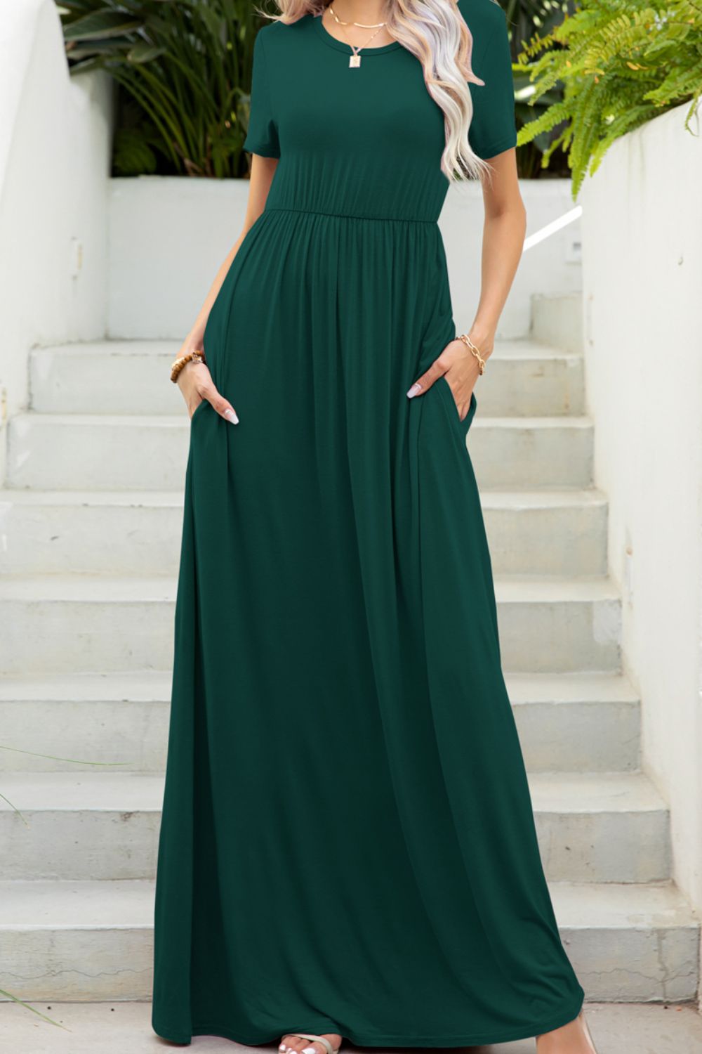 Elegant Round Neck Maxi Tee Dress with Pockets - adritiX