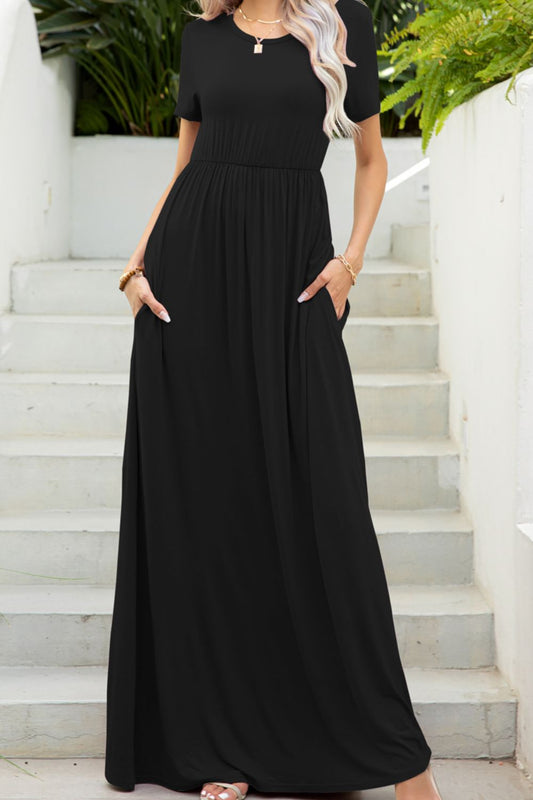 Elegant Round Neck Maxi Tee Dress with Pockets - adritiX