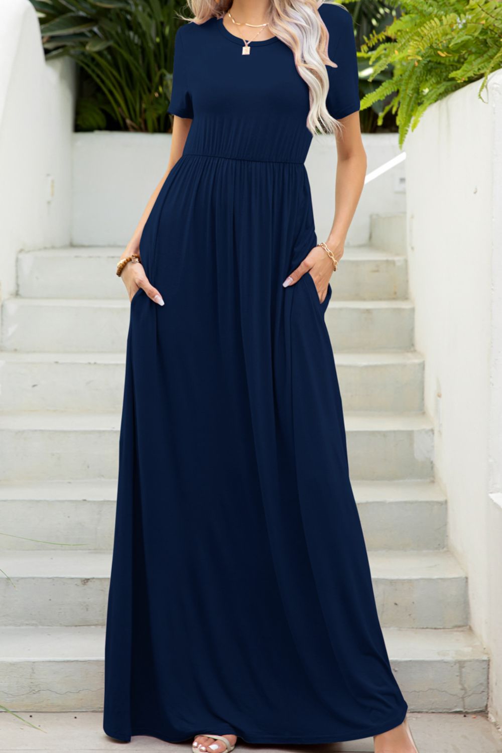Elegant Round Neck Maxi Tee Dress with Pockets - adritiX
