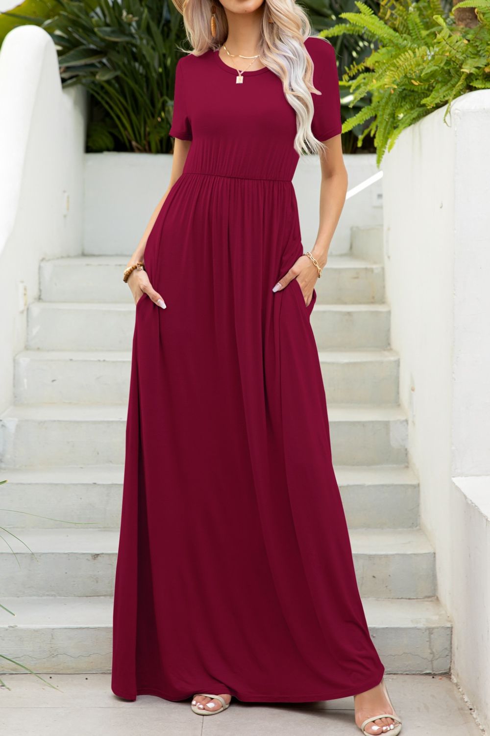 Elegant Round Neck Maxi Tee Dress with Pockets - adritiX