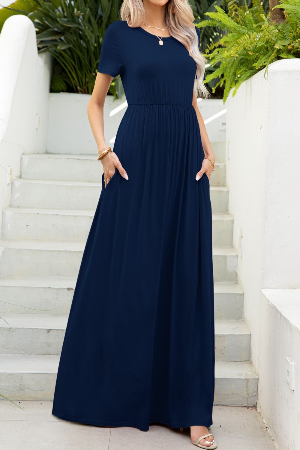 Elegant Round Neck Maxi Tee Dress with Pockets - adritiX