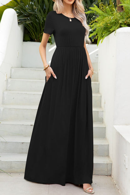 Elegant Round Neck Maxi Tee Dress with Pockets - adritiX