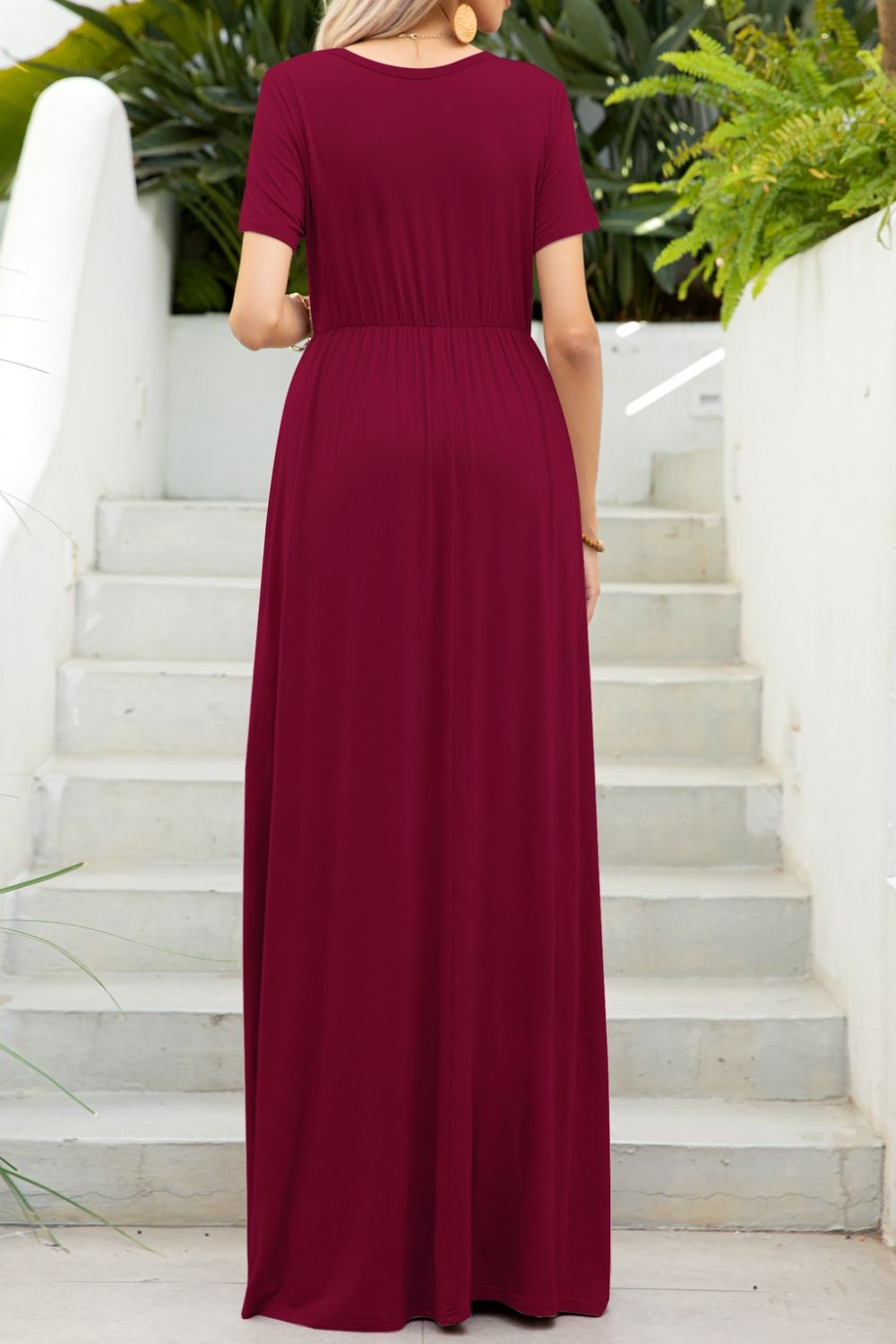 Elegant Round Neck Maxi Tee Dress with Pockets - adritiX