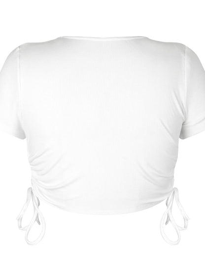 Elegant Round Neck Short Sleeve Drawstring Tee - adritiX