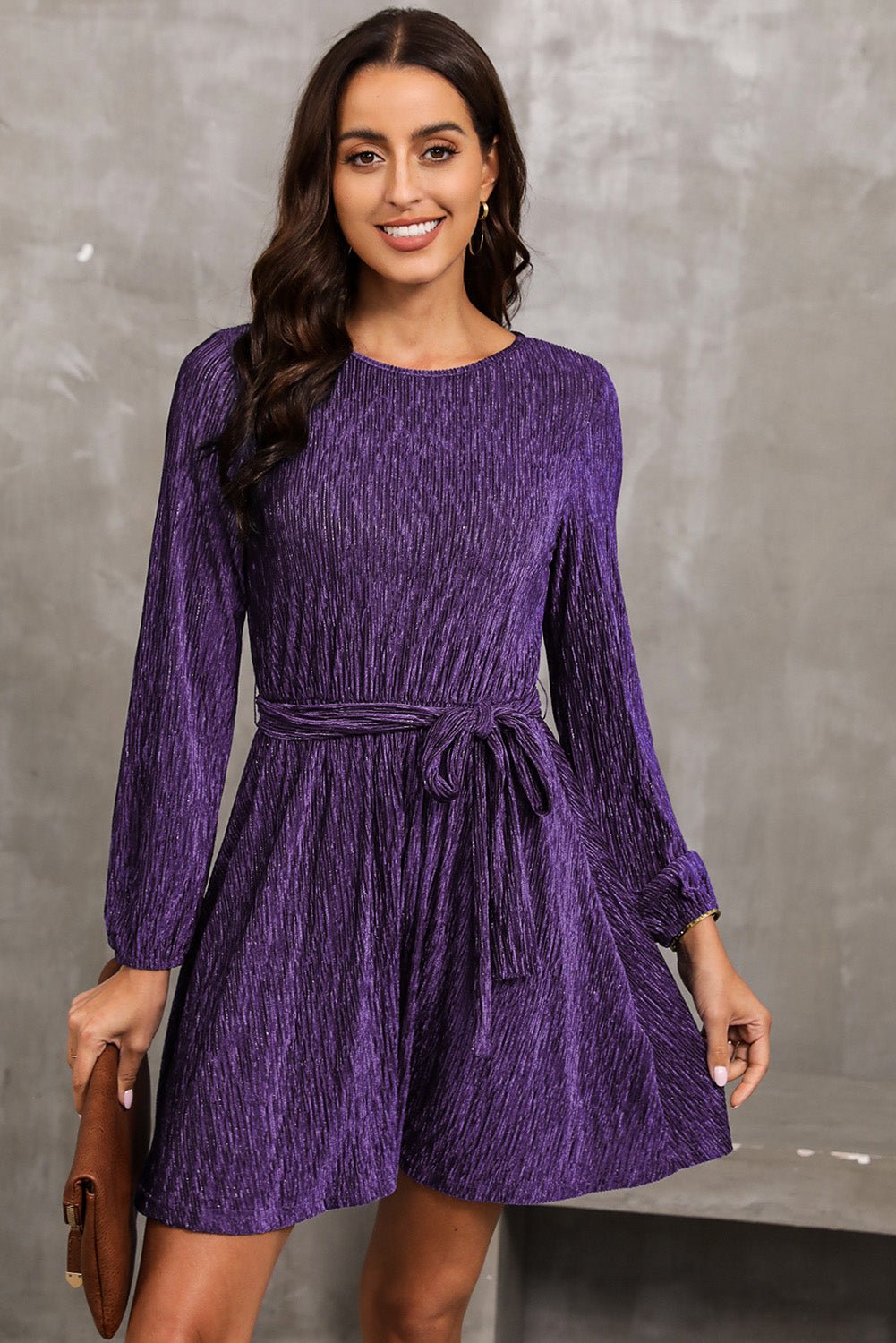 Elegant Round Neck Tie Front Long Sleeve Dress - adritiX