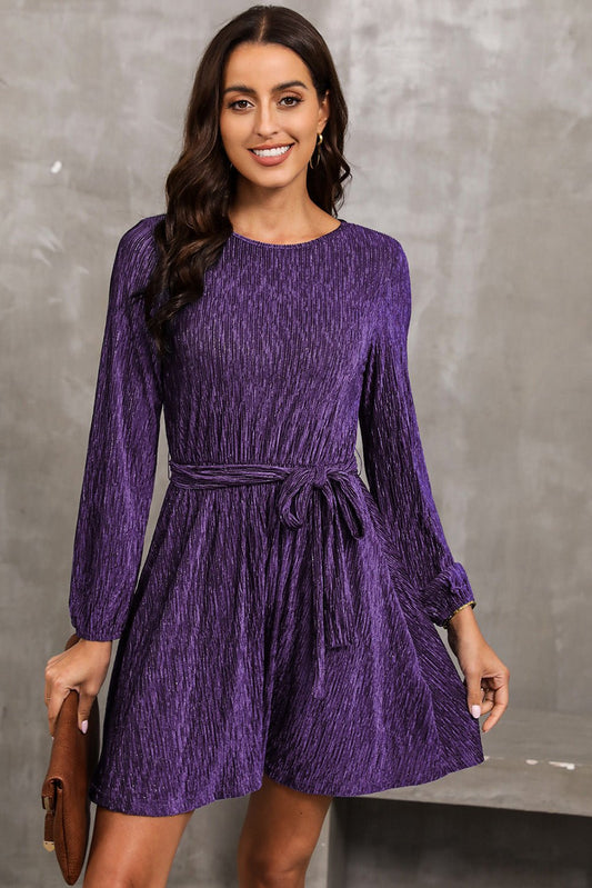 Elegant Round Neck Tie Front Long Sleeve Dress - adritiX