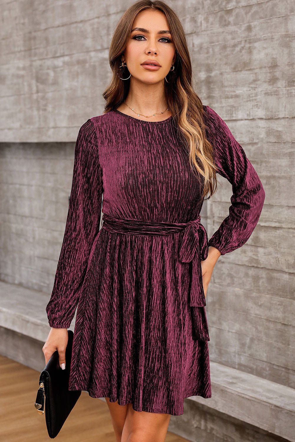 Elegant Round Neck Tie Front Long Sleeve Dress - adritiX