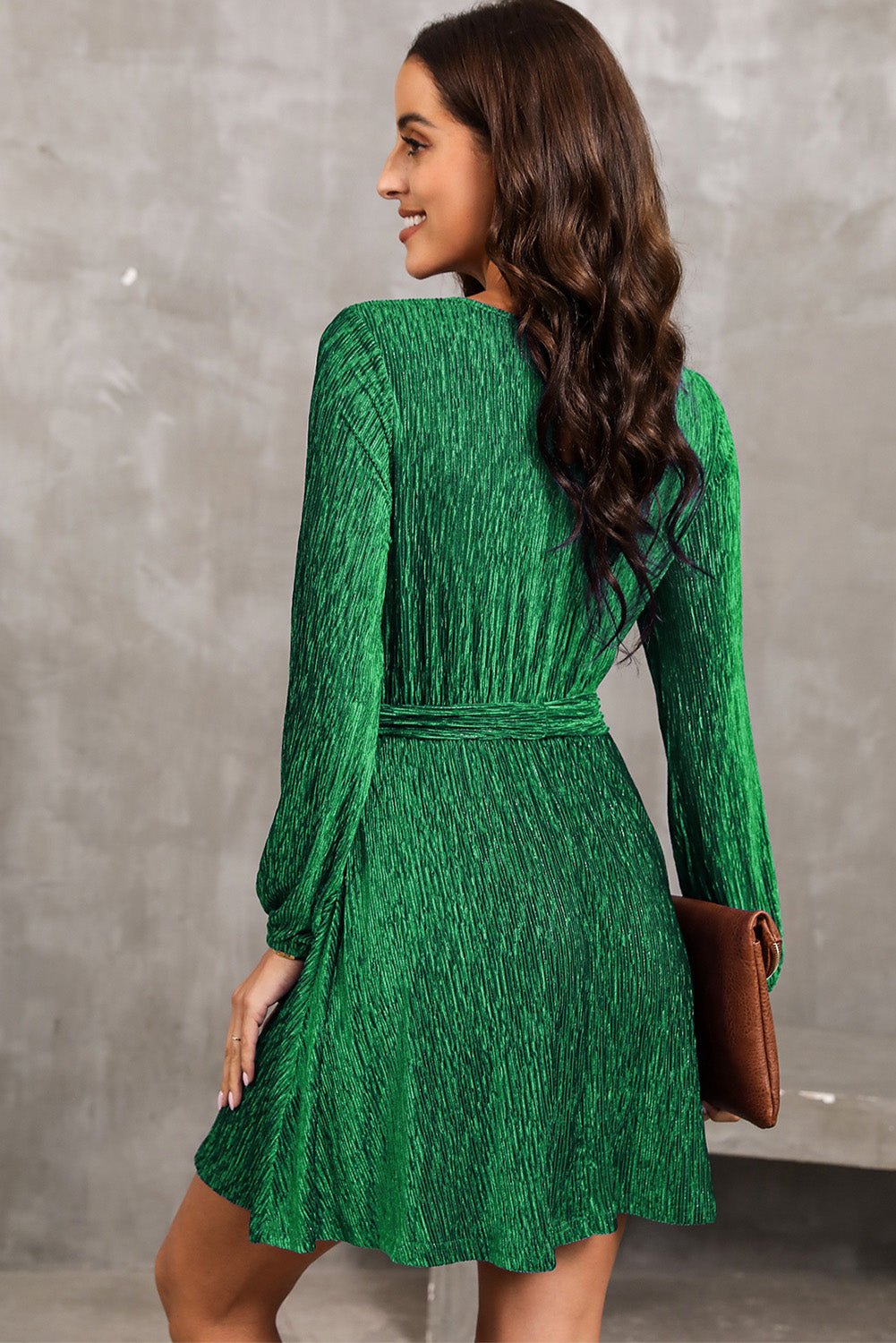 Elegant Round Neck Tie Front Long Sleeve Dress - adritiX