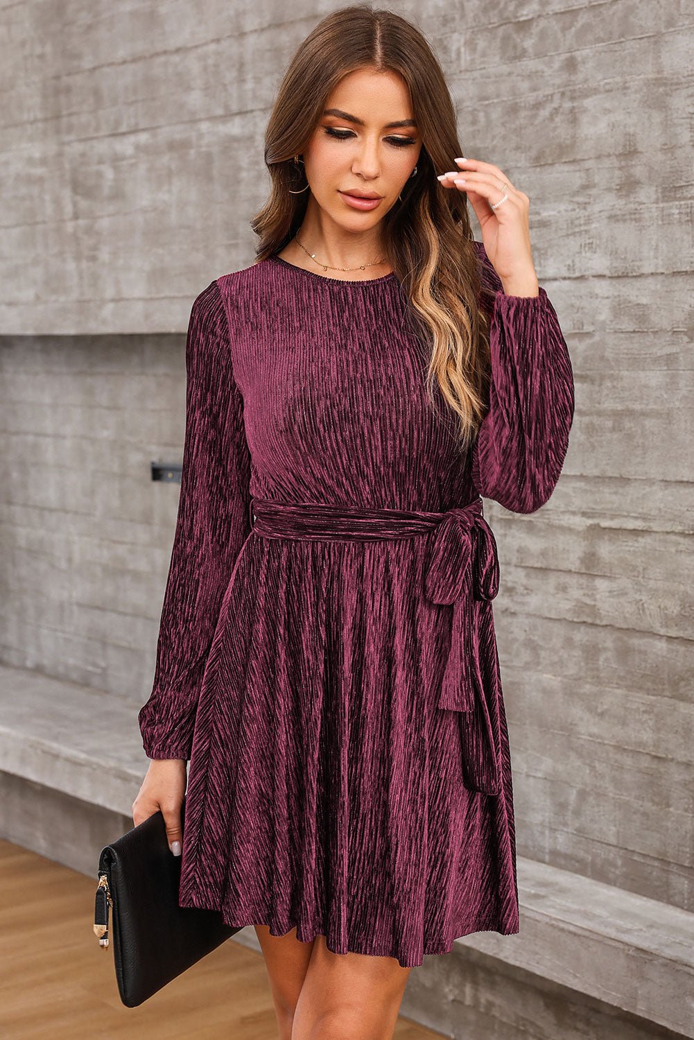 Elegant Round Neck Tie Front Long Sleeve Dress - adritiX