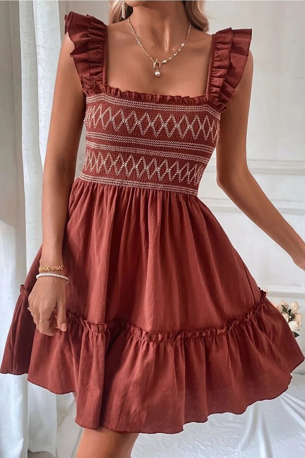 Elegant Ruffled Smocked Cap Sleeve Mini Dress - adritiX